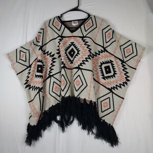 Boho Aztec Print Poncho Sweater by Melrose and Market, One Size, V-Neck Fringe